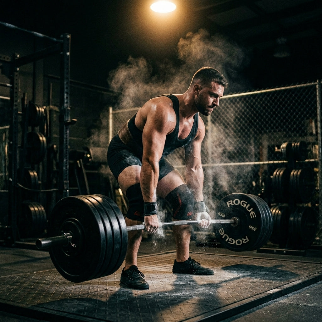 Powerlifter in dark gym with HiStrips nasal strip — stop mouth breathing for gains