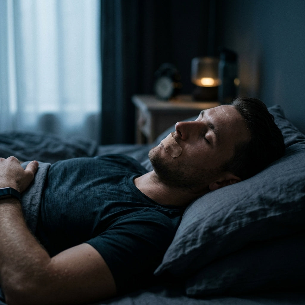 Athlete sleeping with mouth tape — stop snoring without surgery