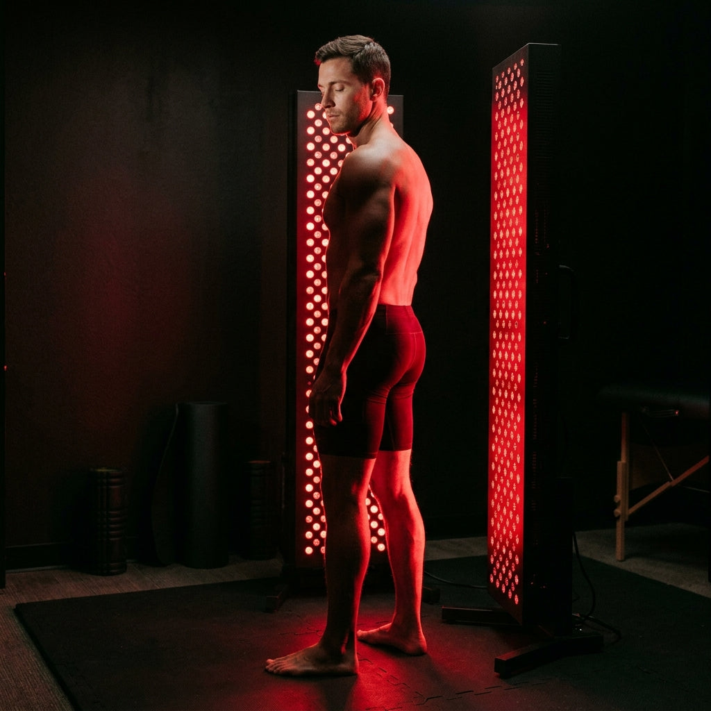 Professional athlete using red light therapy for muscle recovery