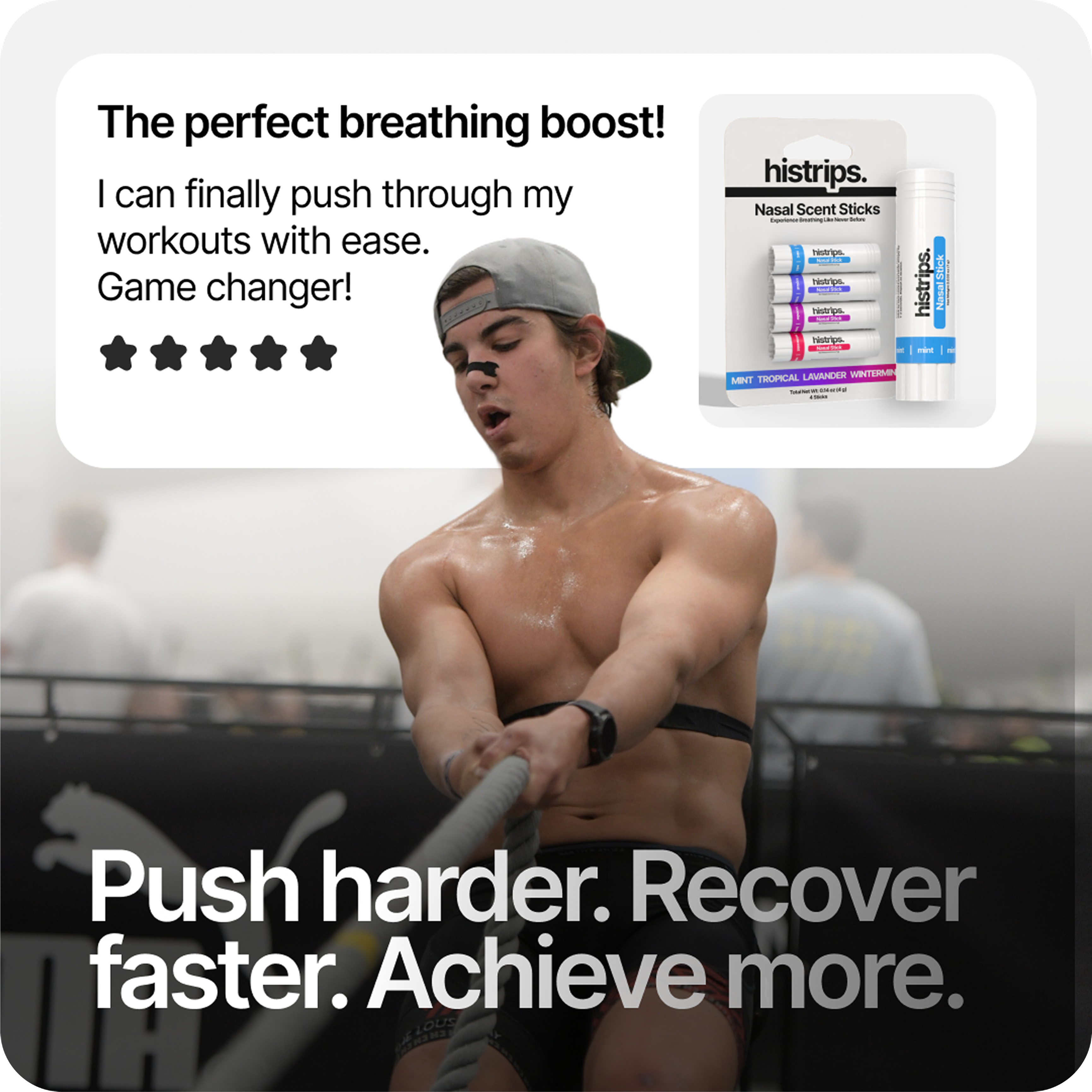 Man wearing HISTRIPS nasal strips during his nighttime routine