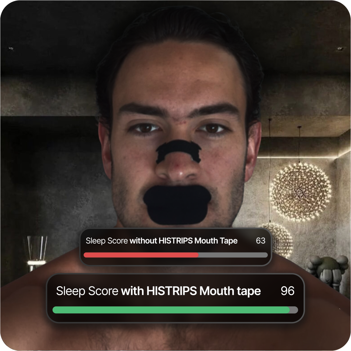 Man wearing HISTRIPS nasal strips during his nighttime routine