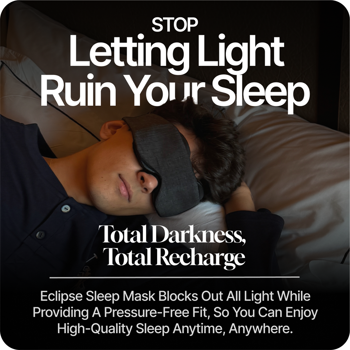 Eclipse black luxury sleep mask on white pillow